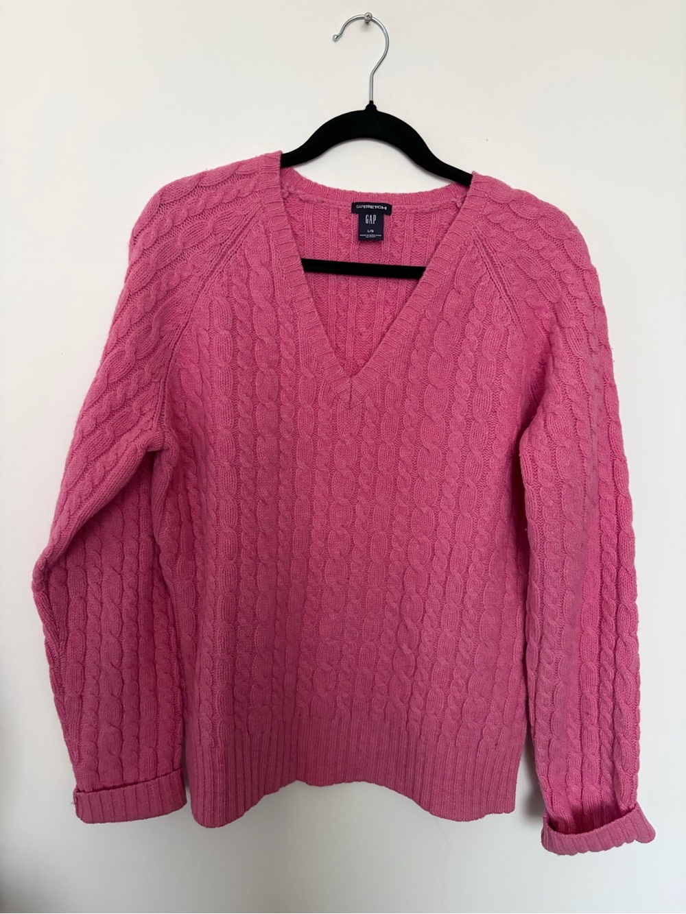 GAP Y2K Vintage Lambswool Pink Cable V-Neck Sweater - Large